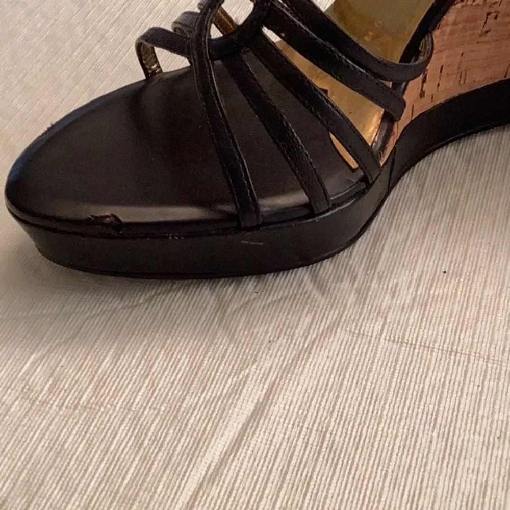 CHARLES by Charles David Cork and Black Leather Wedge Sandal. Size 8 M